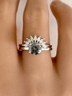Round Gray Moissanite Diamond 2pc Marquise CZ Sterling Silver Band Ring Set
